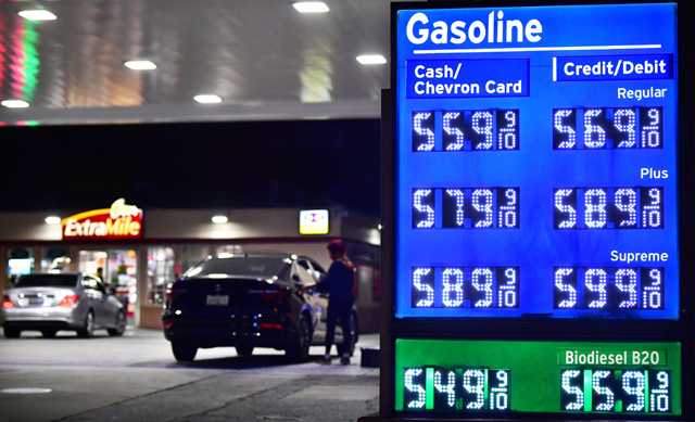 This photo shows prices for gas and diesel fuel, over $5 a gallon, at a petrol station in Monterey Park, California, on Friday as energy prices rose in the wake of Russia’s attack of an Ukrainian nuclear power plant (AFP photo)