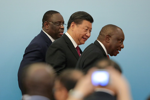 Chinese President Xi Jingping with South Africa's President Cyril Ramaphosa and Senegal's President Macky Sall attend the 2018 Beijing summit of Forum on China-Africa Cooperation joint news conference at the Great Hall of the People in Beijing, China, on Tuesday (Reuters photo)