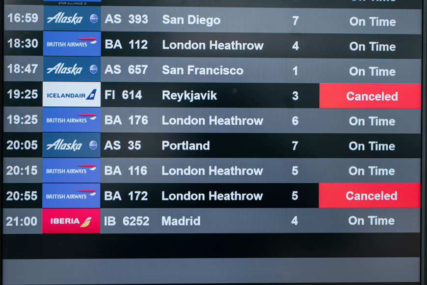 This photo shows an information screen that lists multiple cancelled flights at Terminal 7 of John F. Kennedy International Airport on Friday in New York City (AFP photo)