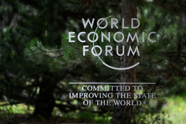 This photo taken on Wednesday shows a sign of the World Economic Forum at the Congress centre during the forum’s annual meeting in Davos   (AFP photo)