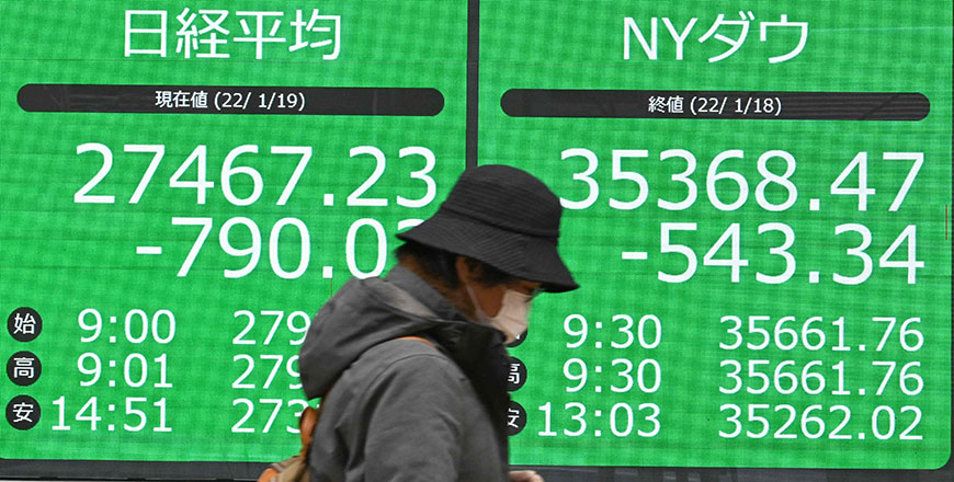 A pedestrian walks in front of an electronic quotation board displaying the closing share price of the Tokyo Stock Exchange in Tokyo on Wednesday (AFP photo)