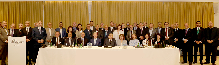 HRH Prince Hassan and guests pose for a photo during a discussion panel organised by the Palestinian-Jordanian Business Forum and the Lebanese-Jordanian Business Forum on Thursday (Petra photo)