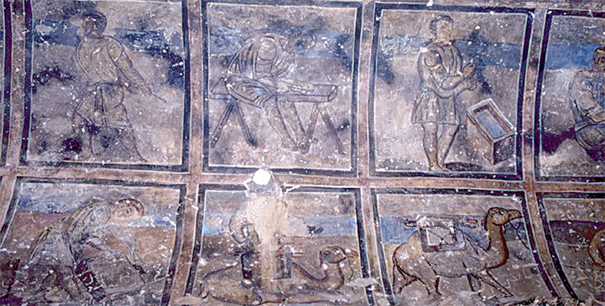   The aisle decoration depicts craftsmen in everyday work: carpenters, blacksmiths and stonemasons (Photo courtesy of ACOR)