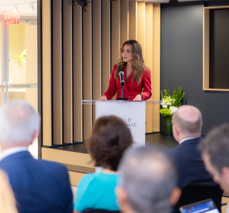 Her Majesty Queen Rania addresses the first meeting of the World Economic Forum’s Giving to Amplify Earth Action initiative in New York on Monday (Photo courtesy of Her Majesty’s office)