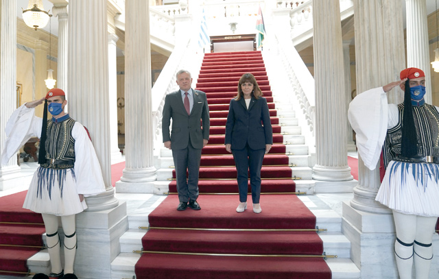 His Majesty King Abdullah with Greece President Katerina Sakellaropoulou in Athens on Wednesday (Photo courtesy of Royal Court)