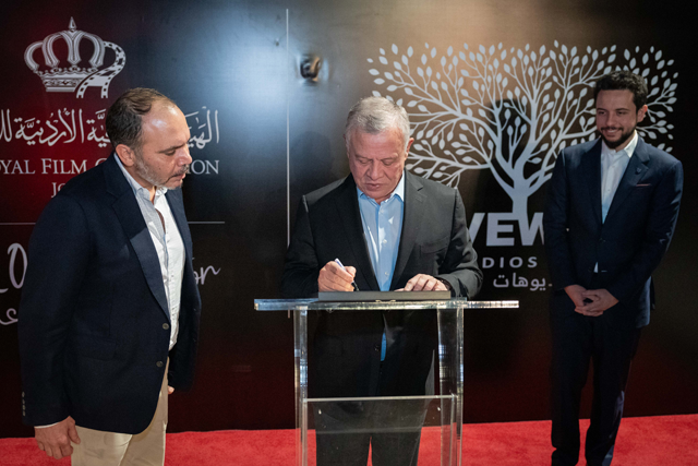 His Majesty King Abdullah, accompanied by HRH Crown Prince Hussein and HRH Prince Ali, inaugurates Olivewood Film Studios, Jordan’s first specialised studio complex for filmmaking, on Tuesday (Photo courtesy of Royal Court)