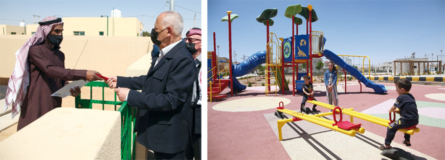 Right: Royal Court Chief Yousef Issawi hands over keys of a new house, built as part of a Royal initiative, to a beneficiary on Saturday. left: A view of a park, built as part of a Royal initiative, in Maan (Petra photos)