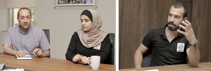 Executive Manager of Haqiq Initiative Imad Saqqa (left), members of the initiative Batoul Nassar and Sadeq Nidal (far right) speak to The Jordan Times during a recent interview   (Photos by Osama Aqarbeh)