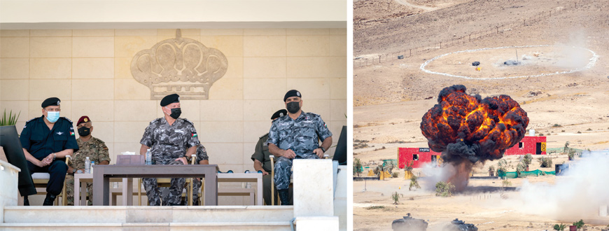 His Majesty King Abdullah, the Supreme Commander of the Jordan Armed Forces-Arab Army, attends an exercise by the Public Security Directorate’s Gendarmerie Forces, with support from police units and Civil Defence personnel on Monday (Photos courtesy of Royal Court)