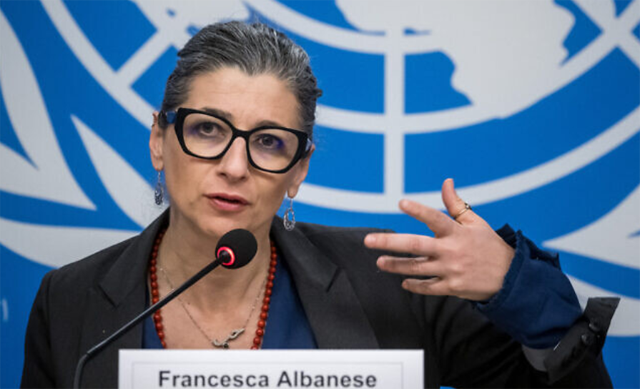 UN Special Rapporteur on the Rights Situation in the Palestinian Territories Francesca Albanese speaks at a press conference during a session of the UN Human Rights Council, in Geneva, Switzerland, March 27, 2024 (AFP photo)