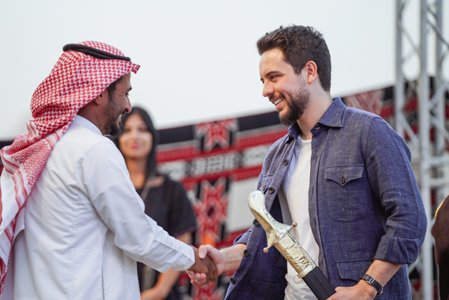 HRH Crown Prince Hussein attends the closing ceremony of the third Jordan Camel Racing and Nabataean Poetry Festival, held at the Sheikh Zayed Racetrack in the Disi region, on Thursday (Photo courtesy of Royal Court)