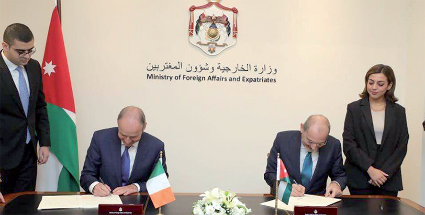 Deputy Prime Minister and Foreign Minister Ayman Safadi and Ireland’s Foreign and Defence Minister Micheál Martin during a signing ceremony on Thursday  (Photo courtesy of Foreign Ministry)