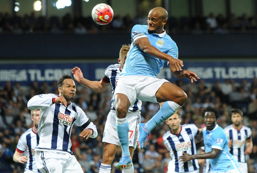 Manchester City’s Vincent Kompany scores during the English Premier League football match between West Bromwich Albion and Manchester City at the Hawthorns, West Bromwich, on Monday (AP photo)