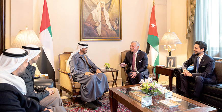 His Majesty King Abdullah and United Arab Emirates President Sheikh Mohamed Bin Zayed Al Nahyan on Monday hold a meeting at Basman Palace, attended by HRH Crown Prince Hussein, as part of their ongoing coordination and efforts to stop the war on Gaza (Photo courtesy of Royal Court)