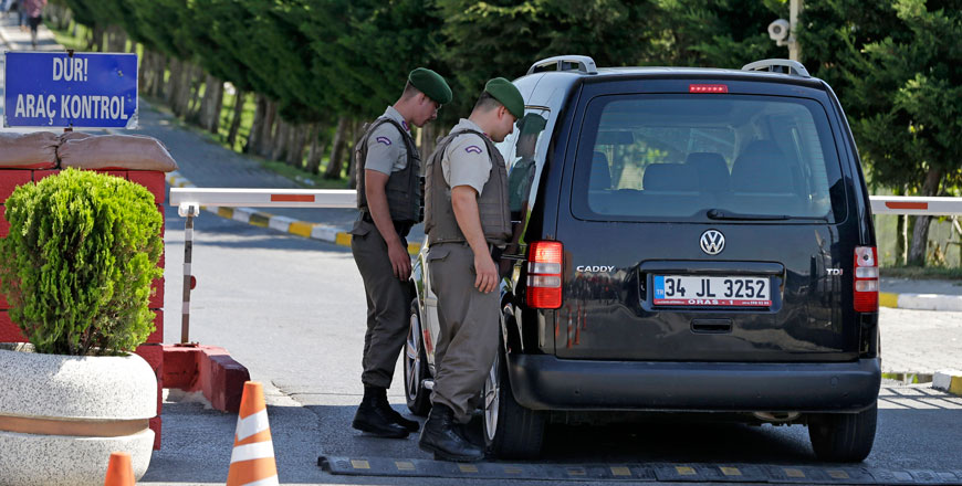 Turkish gendarmes check a car before it enters a high security prison complex in Silivri, about 80 kilometres west of Istanbul, on Wednesday (AP photo)