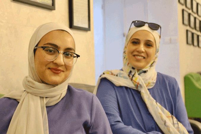 Left: Lujan Bilal Somrain, former Tawjihi student currently studying medicine at a university in Jordan. Right: Andaleen Hassan Al Khateeb, Tawjihi teacher (Photo by Taija PerryCook)