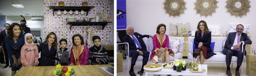 Her Majesty Queen Rania with Their Majesties King Carl XVI Gustaf and Queen Silvia of Sweden at the Queen Rania Family and Child Centre in east Amman, during a meeting attended by Their Royal Highnesses Prince Ali and Princess Rym Ali, on Tuesday (Photos courtesy of Royal Court)