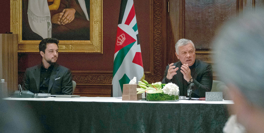 His Majesty King Abdullah speaks during his meeting with the chairperson of the Royal Committee to Modernise the Political System, the heads and rapporteurs of its sub-committees and its executive office members at Basman Palace, attended by HRH Crown Prince Hussein, on Monday (Photo courtesy of Royal Court)