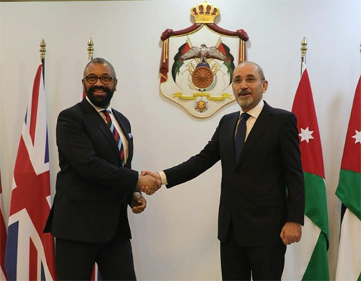  Deputy Prime Minister and Minister of Foreign Affairs and Expatriates Ayman Safadi meets with UK Secretary of State for Foreign, Commonwealth and Development Affairs James Cleverly in Amman on Thursday (Photo courtesy of Foreign Ministry)