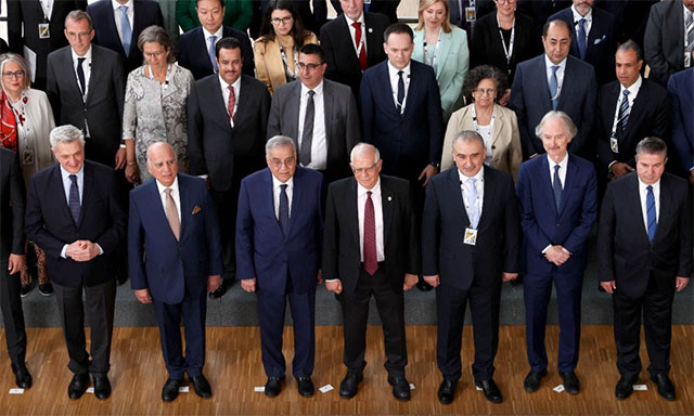 Minister of Planning and International Cooperation Nasser Shraideh poses for a group photo on the sidelines of the sixth Brussels Conference on 'Supporting the Future of Syria and the Region' on Wednesday (Petra photo)