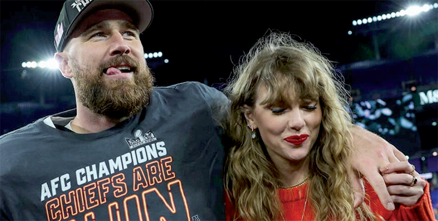 Travis Kelce of the Kansas City Chiefs celebrates with Taylor Swift after defeating the Baltimore Ravens in the AFC Championship Game last month (AFP photo)