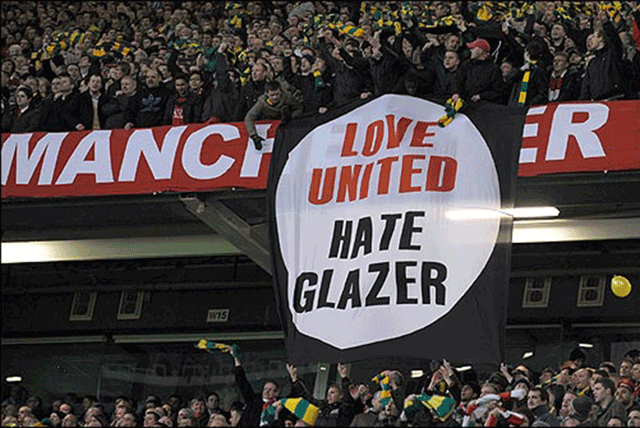 One of Manchester United’s many banners protesting the Glazer family’s grasp over the club the love (AFP photo)