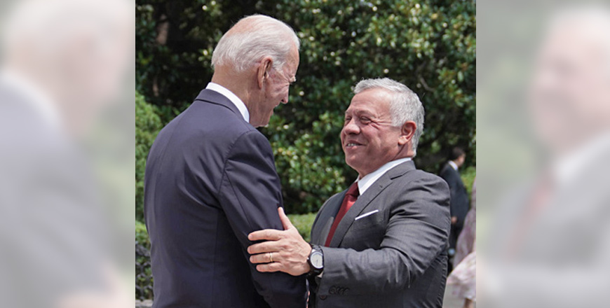 His Majesty King Abdullah is greeted by US President Joe Biden at the White House in Washington DC, on Monday (Photo courtesy of Royal Court)