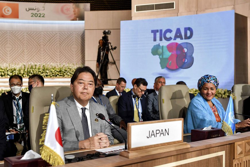(Left to right) Senegal's President Macky Sall, Tunisia's President Kais Saied and Japan's Foreign Minister Yoshimasa Hayashi attend the opening session of the eighth Tokyo International Conference on African Development in Tunis, on Saturday (AFP photo)