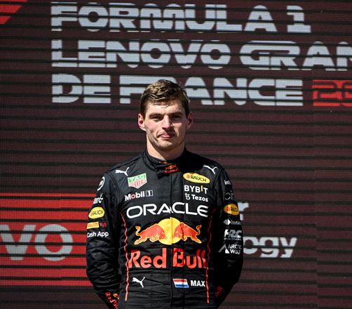 Race winner Red Bull Racing’s Dutch driver Max Verstappen smiles on the podium of the French Formula One Grand Prix in Le Castellet on Sunday  (AFP photo by Christophe Simon)
