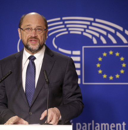 European Parliament President Martin Schultz speaks during a media conference at the European Parliament in Brussels on Thursday (AP photo)