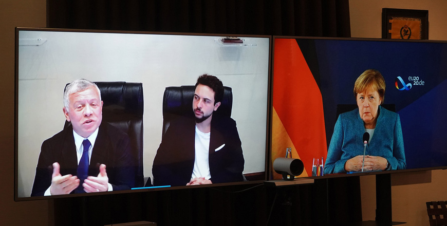 His Majesty King Abdullah, accompanied by HRH Crown Prince Hussein, speaks during a video call from German Chancellor Angela Merkel on Wednesday (Photo courtesy of Royal Court)