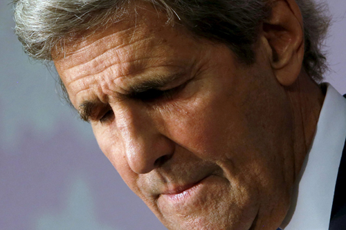 US Secretary of State John Kerry pauses during his remarks about seeing the Hiroshima Peace Memorial Park and Museum, the site of the 1945 atomic bombing, as he holds a news conference at the conclusion of the G-7 foreign ministers meetings in Hiroshima, Japan, on Monday (Reuters photo)