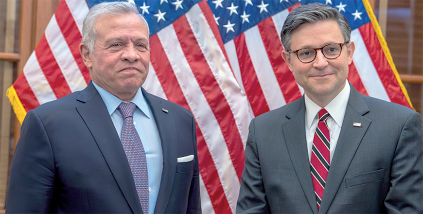 His Majesty King Abdullah meets on Wednesday with US House of Representatives Speaker Mike Johnson and Minority Leader Hakeem Jeffries (Photo courtesy of Royal Court)
