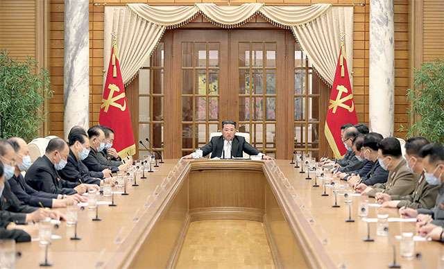 This photo taken and released from North Korea’s official Korean Central News Agency on Thursday shows North Korean leader Kim Jong-un (centre) attending the 8th political bureau meeting of the Workers Party of Korea in Pyongyang (AFP photo)
