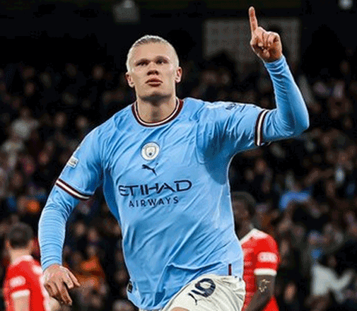 Manchester City’s Erling Haaland celebrates after scoring against Bayern Munich in their Champions League first leg match in Manchester, England, on April 11 (AFP photo)