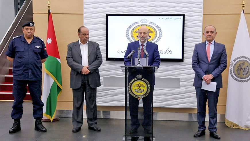 Prime Minister and Minister of Defence Omar Razzaz speaks during a press briefing at the National Centre for Security and Crisis Management on Thursday (Petra photo))