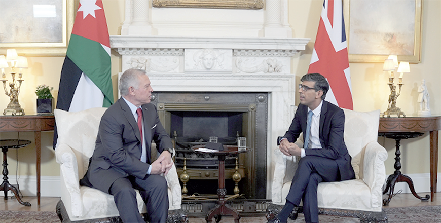 His Majesty King Abdullah on Thursday meets with UK Prime Minister Rishi Sunak in London (Photo courtesy of Royal Court)