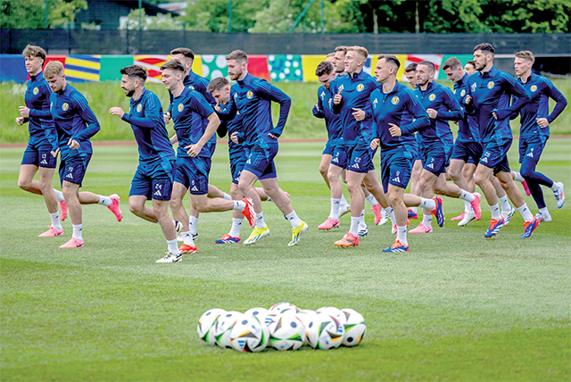 Scotland’s players attend their MD-1 training session at the team’s base camp in Garmisch-Partenkirchen on Thursday, ahead of the UEFA Euro 2024 Football Championship (AFP photo)