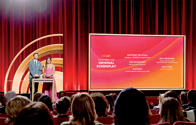 US-German actress Zazie Beetz and US actor Jack Quaid announce the nominees for Original Screenplay during the 96th Academy Awards nominations announcement at the Samuel Goldwyn Theater in Beverly Hills, California, on Tuesday (AFP photo)