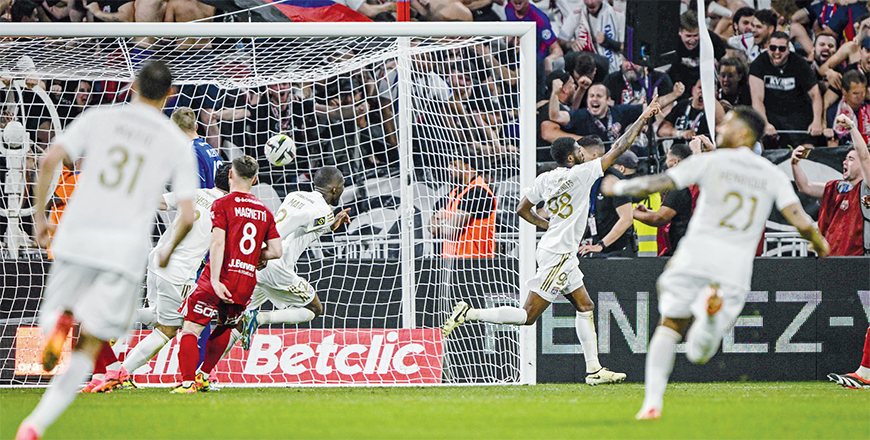 Lyon’s English midfielder #98 Ainsley Maitland-Niles celebrates after scoring a goal during the French L1 football match beetween Olympique Lyonnais and Stade Brestois 29 at the Groupama Stadium in Decines-Charpieu, near Lyon, on Sunday (AFP photo)