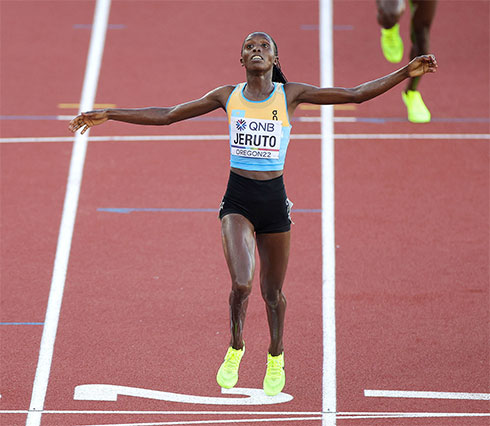 Kazakhstan’s Norah Jeruto celebrates after winning the Women’s 3000m Steeplechase Final at the World Athletics Championships Oregon on Wednesday in Eugene, Oregon (AFP photo by Carmen Mandato)