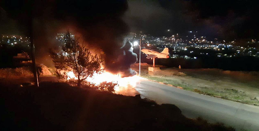 This photo circulated on social media purportedly shows fires blocking a street in Anjara town of Ajloun Governorate, 70km northwest of Amman, during riots that broke out over the weekend (Social media photo)