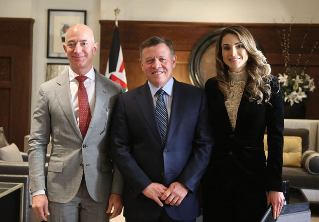 Their Majesties King Abdullah and Queen Rania with Jeff Bezos, the founder and CEO of Amazon.com, Inc., in Amman on Monday (Photo courtesy of Royal Court)