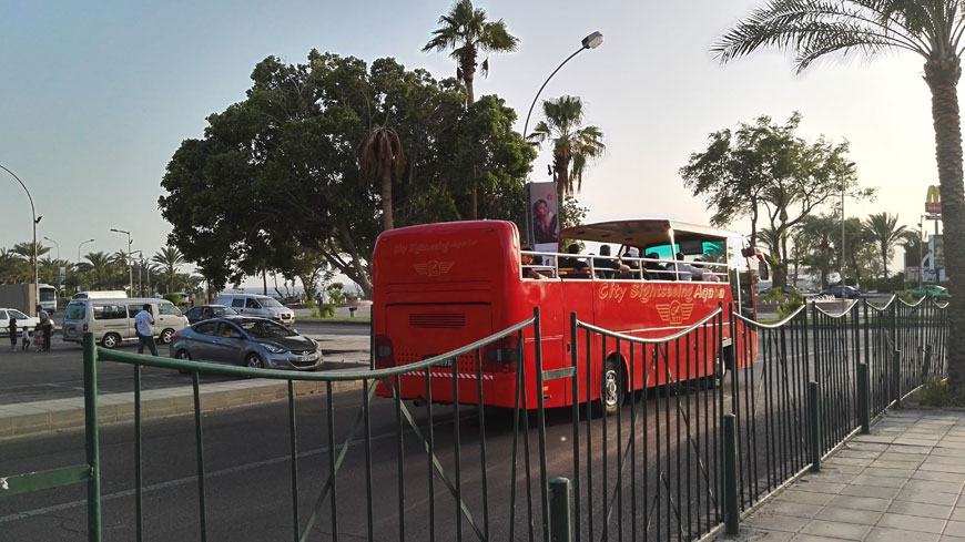 A tourist bus is seen on a street in Aqaba, some 330km south of Amman, recently. Jordanians are looking to spend this Eid holiday in the Kingdom  (Photo by Bahaa Al Deen Al Nawas)
