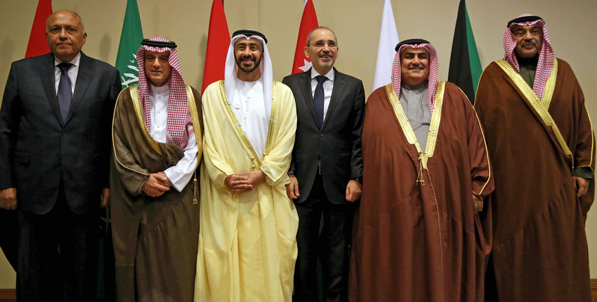 From left to right: The foreign ministers of Egypt Sameh Shukri, Saudi Arabia Adel Al Jubeir, the UAE Abdullah Bin Zayed Al Nahyan, Jordan Ayman Safadi, Bahrain Khaled Bin Ahmad Al Khalifa and Kuwait Sheikh Sabah Khaled Al Hamad Al Sabah, pose for a photo during the Arab foreign ministers meeting to discuss regional issues at King Hussein Bin Talal Convention Centre near the Dead Sea on Thursday (AFP photo)