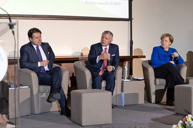   His Majesty King Abdullah, German Chancellor Angela Merkel and Italian Prime Minister Giuseppe Conte participate in a Q&A session with young friars, refugees and journalists at the Sacred Convent of St Francis of Assisi on Friday (Photo courtesy of Royal Court)