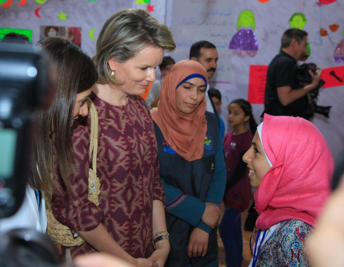 Queen Mathilde of Belgium visits the Zaatari Refugee Camp, around 90km northeast of Amman, on Monday (Petra photo)