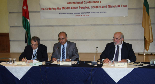 Panellists participate in a conference on ‘Re-ordering the Middle East? Peoples, Borders and States in Flux in Amman on Monday (Petra photo)
