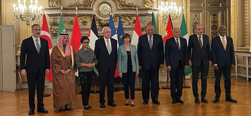 Members of the Ministerial Committee of the Extraordinary Arab-Islamic Summit on Wednesday meet in Paris with Catherine Colonna, French minister for Europe and foreign affairs (Photo courtesy of Foreign Affairs)