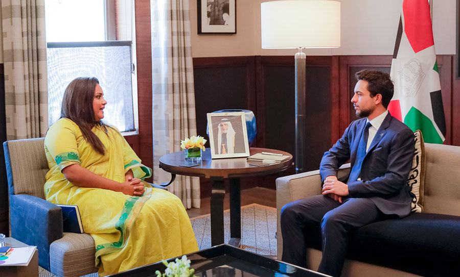 HRH Crown Prince Hussein meets with UN Secretary General's Envoy on Youth Jayathma Wickramanayake on Sunday (Photo courtesy of Royal Court)